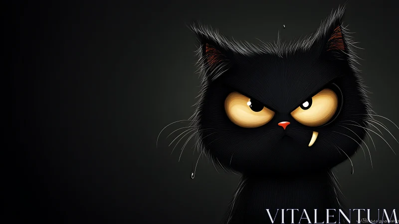 Stylized black cat portrait shows exaggerated eyes and fang lighting