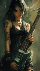 Storm-lit punk guitarist guards a forest-green electric spell.