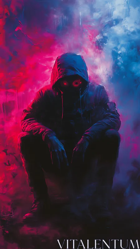 Mysterious hooded watcher rests in neon mist and shadow