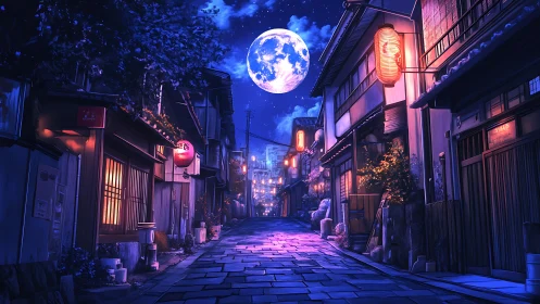 Quiet lantern-lit alley under bright full moon at night.