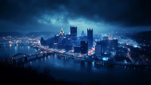 Moody riverfront skyline under stormy blue night sky.