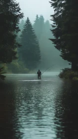 Solitary angler standing in misty forest river corridor.