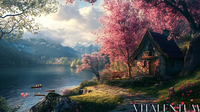 Lakeside stone cottage nestles beneath blooming pink trees.