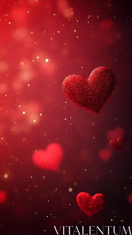 Glowing Red Hearts Against Deep Crimson Background.