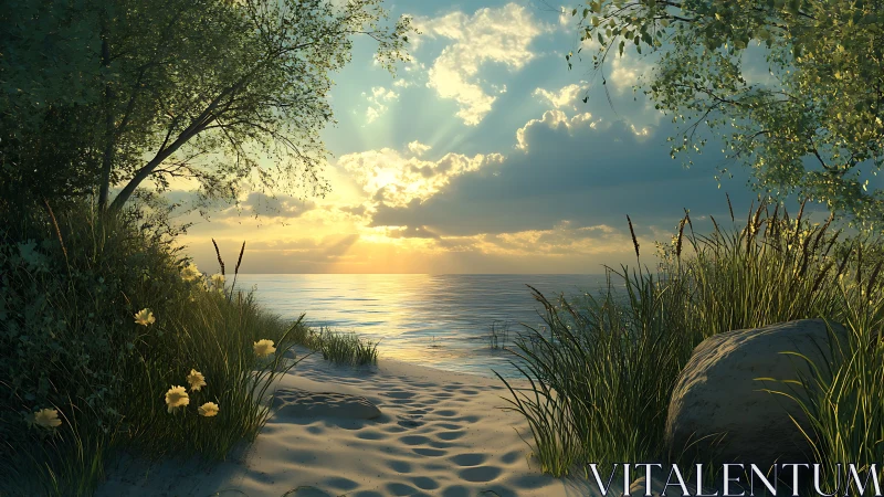 Golden shoreline path opening onto a calm evening sea.