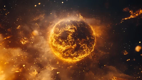 Spherical fiery body suspended in dense luminous nebula.