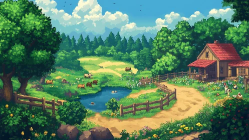 Pixel-rendered pastoral farmstead with pond, cattle, and dense foliage
