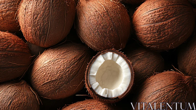 Curious cracked coconut nestled among rich brown shells.