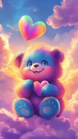 Cotton-candy cloud bear cradles glowing rainbow hearts