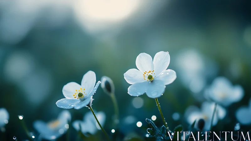 Delicate white blossoms dance with morning dew and gentle light