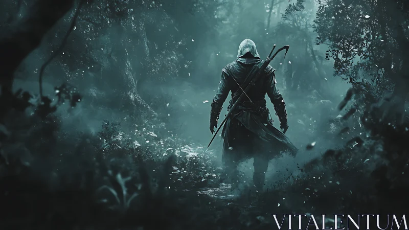 Hooded ranger walking alone through dark misty forest.