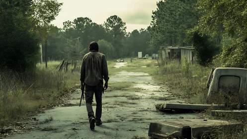 Lone survivor traverses overgrown, derelict rural roadway.