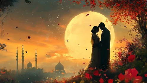 Silhouetted lovers beneath oversized moon in exotic architectural landscape