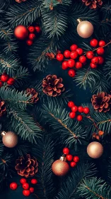 Cozy evergreen branches sprinkled with festive holiday sparkle.