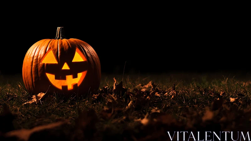 Illuminated carved pumpkin on grass in low light field.