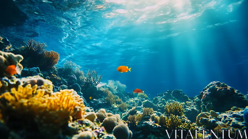 Photorealistic coral reef panorama with luminous sunbeams.