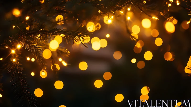 Golden fairy lights glow softly among evergreen branches