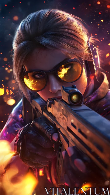 Fierce gamer hero locked in focus amid glowing sparks.