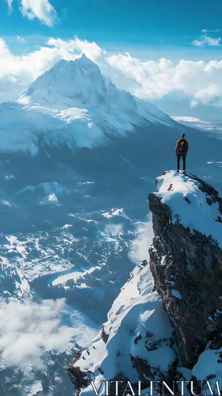 Hiker standing on snowy cliff above expansive mountain valley.