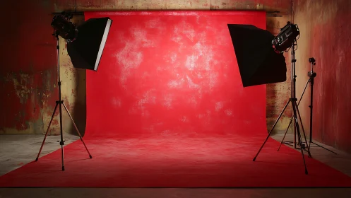 Red studio backdrop with softbox lighting setup ready.