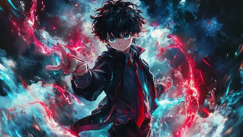 Electric-eyed anime hero commanding swirling cosmic energy.