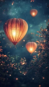 Lantern balloons drift through bokeh lit foliage under star field