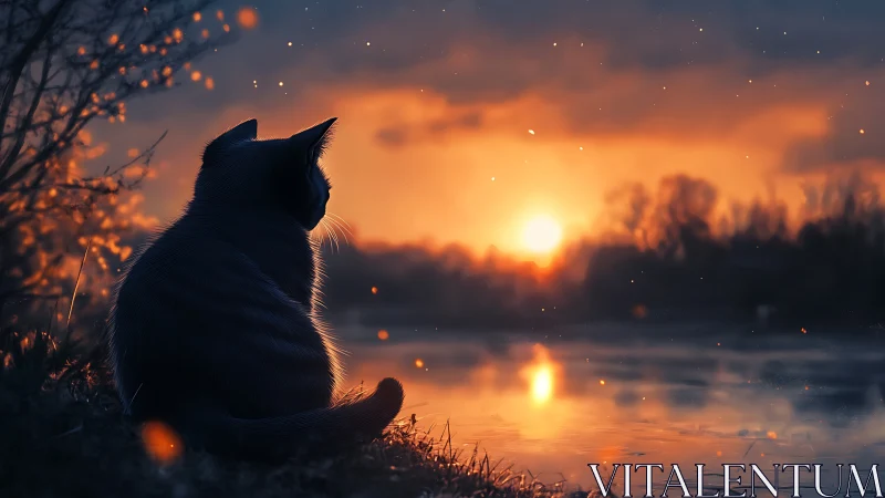 Solitary Feline Contemplates Golden Horizon's Mesmerizing Glow