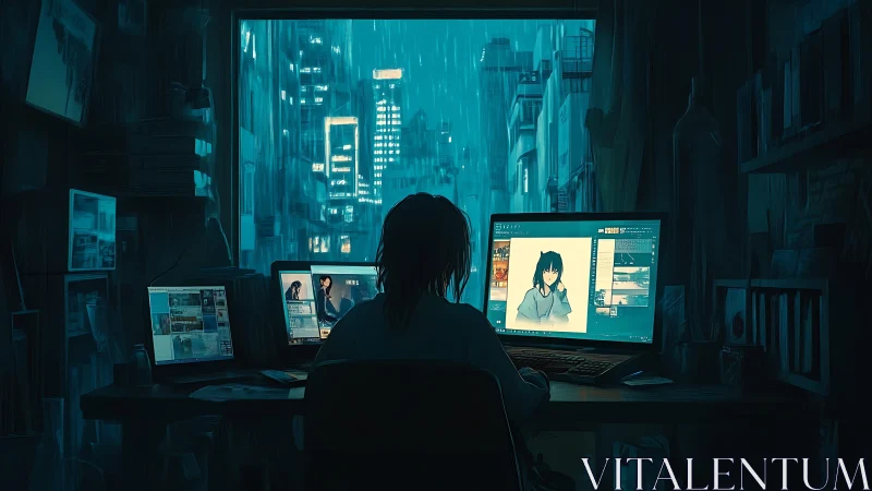 Nighttime digital artist works in rainlit urban studio workspace