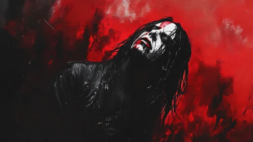 Tormented figure in crimson storm of abstract anguish.