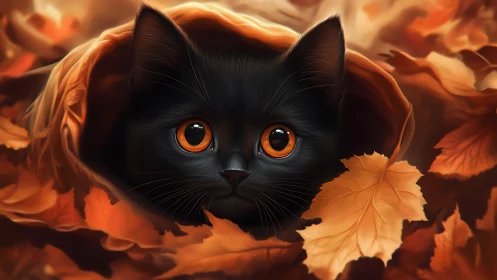 Midnight Feline's Amber Gaze in Autumn's Golden Dance.