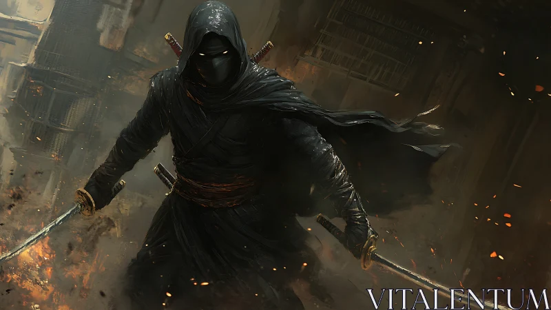 Shadow-clad blade dancer storms a burning alleyway nightfall.