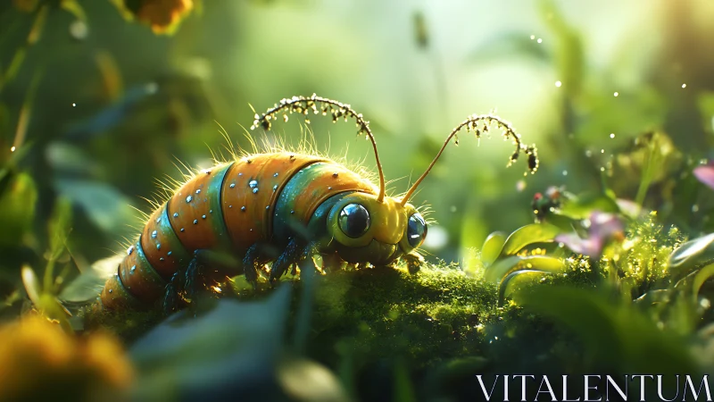 Bioluminescent caterpillar explores mossy forest floor at dawn