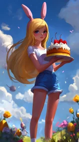 Blonde Anime Character with Pink Rabbit Ears Holding Decorated Cake in Floral Meadow