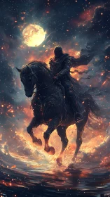 Moonlit rider charges through glowing embers and water