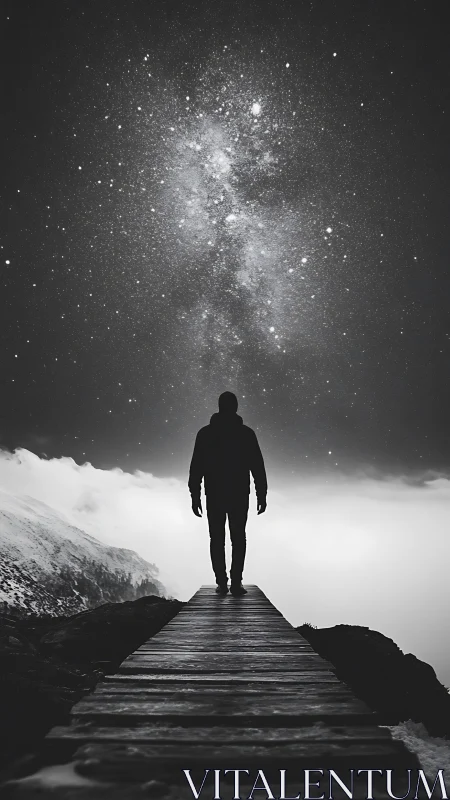 Silhouette on mountain walkway under dense star field at night.