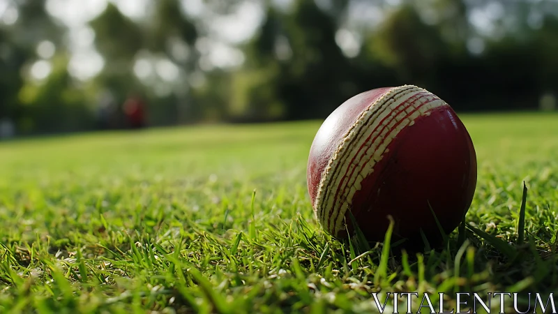 Red cricket ball resting on green grass outfield.