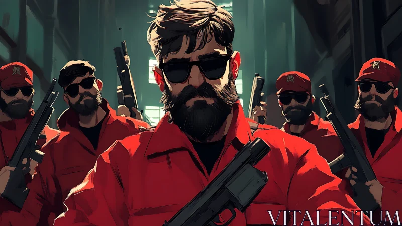 Bearded red-clad enforcers march through neon-shadowed alleyways.