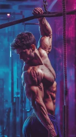 Muscular athlete hangs from strap under neon gym lighting