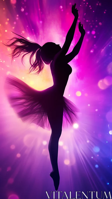 Silhouette of ballet dancer against vivid abstract light.