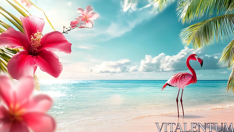 Vibrant flamingo stands on tropical shore under stylized light