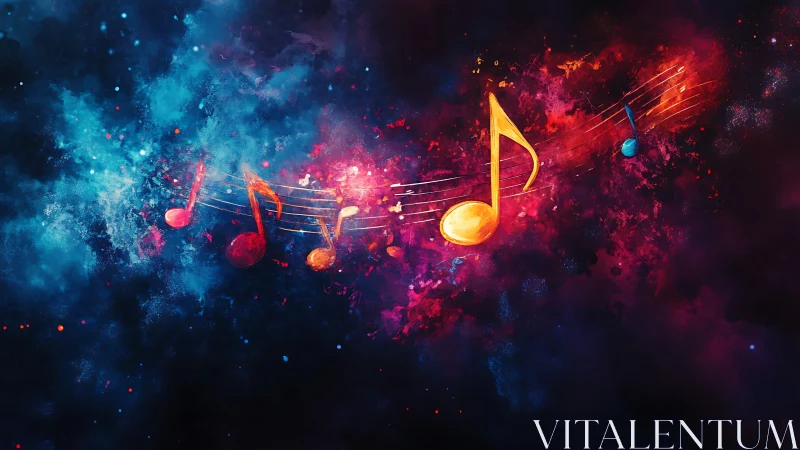 Vibrant musical notes traverse a nebula-like cosmic color field