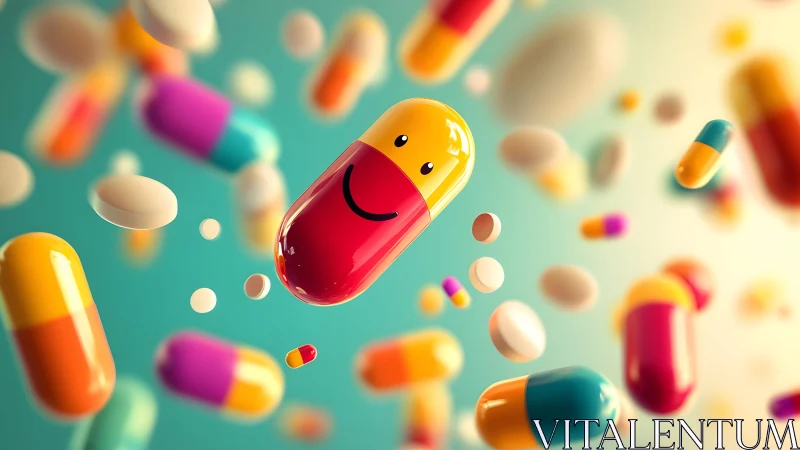 Colorful Capsules with Smiling Faces in Whimsical 3D Style.