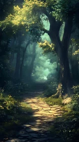 Enchanted Forest Path Glowing with Golden Light.