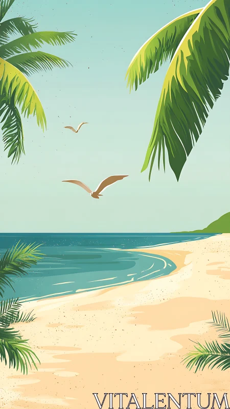 Tropical Beach Serenity with Palm Fronds and Flying Birds