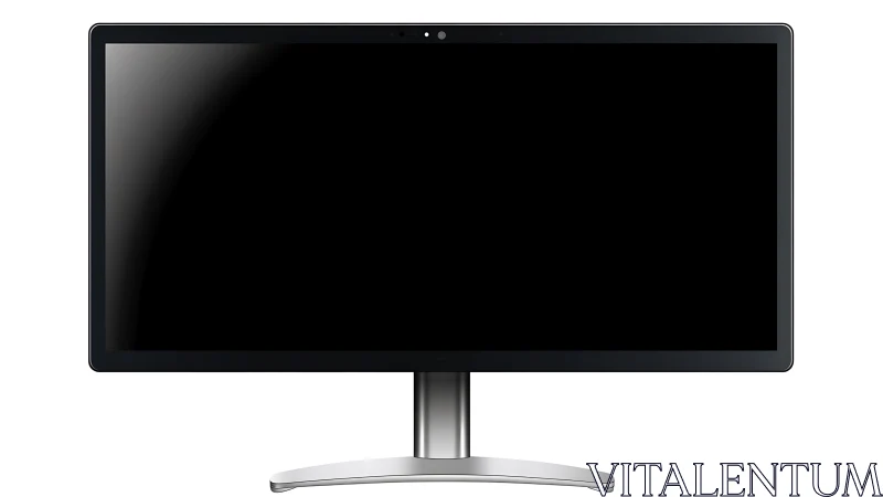Front view of widescreen computer monitor on stand.