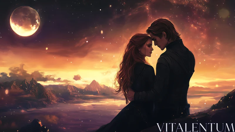 Silhouetted Couple Embracing Under Aurora-Illuminated Sky With Luminescent Moon