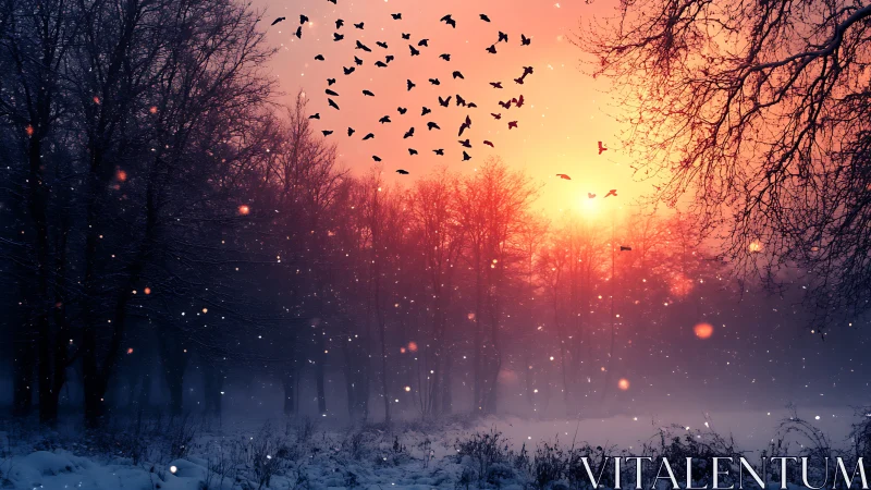 Snowlit forest ember-sky with birds in twilight chorus.
