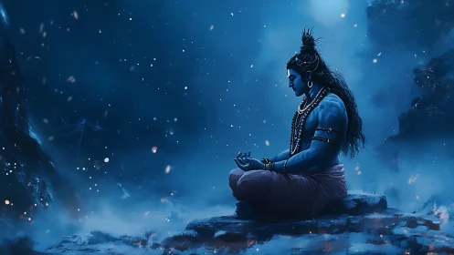 Digital painting of meditative deity in ethereal moonlit haze.