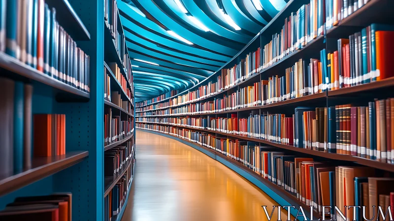Curved library corridor shows parallel shelves packed with books