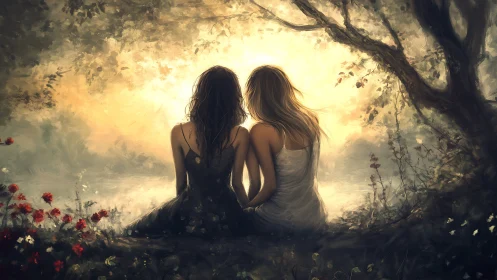 Two Women Sitting Together in a Dreamy Forest, Digital Art Style.